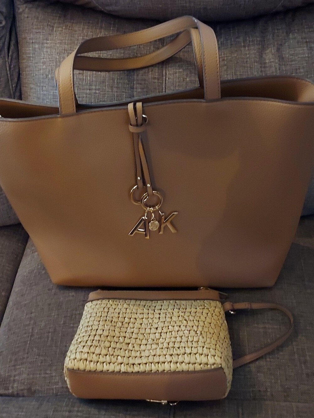 Anne Klein Camel Tote with Woven Pouch & Gold AK Charm